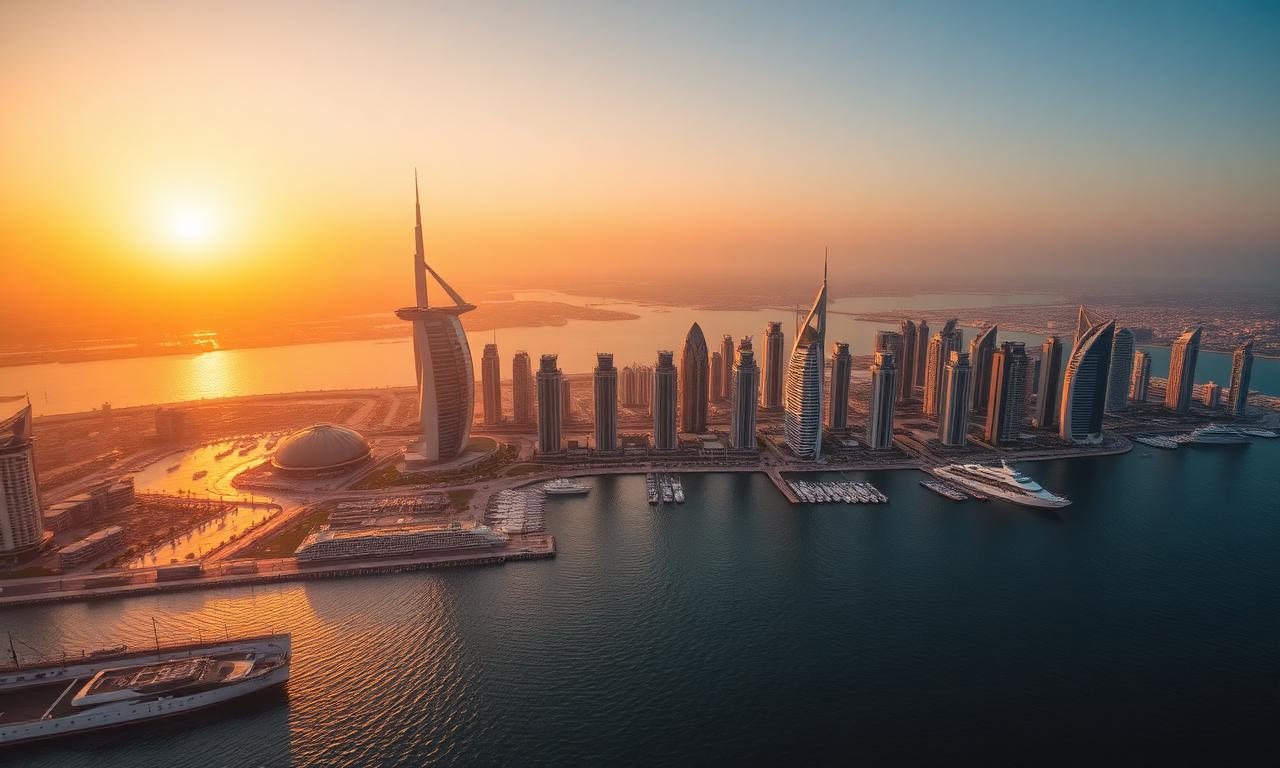 Aerial sunset view of Dubai Marina and Palm Jumeirah skyline