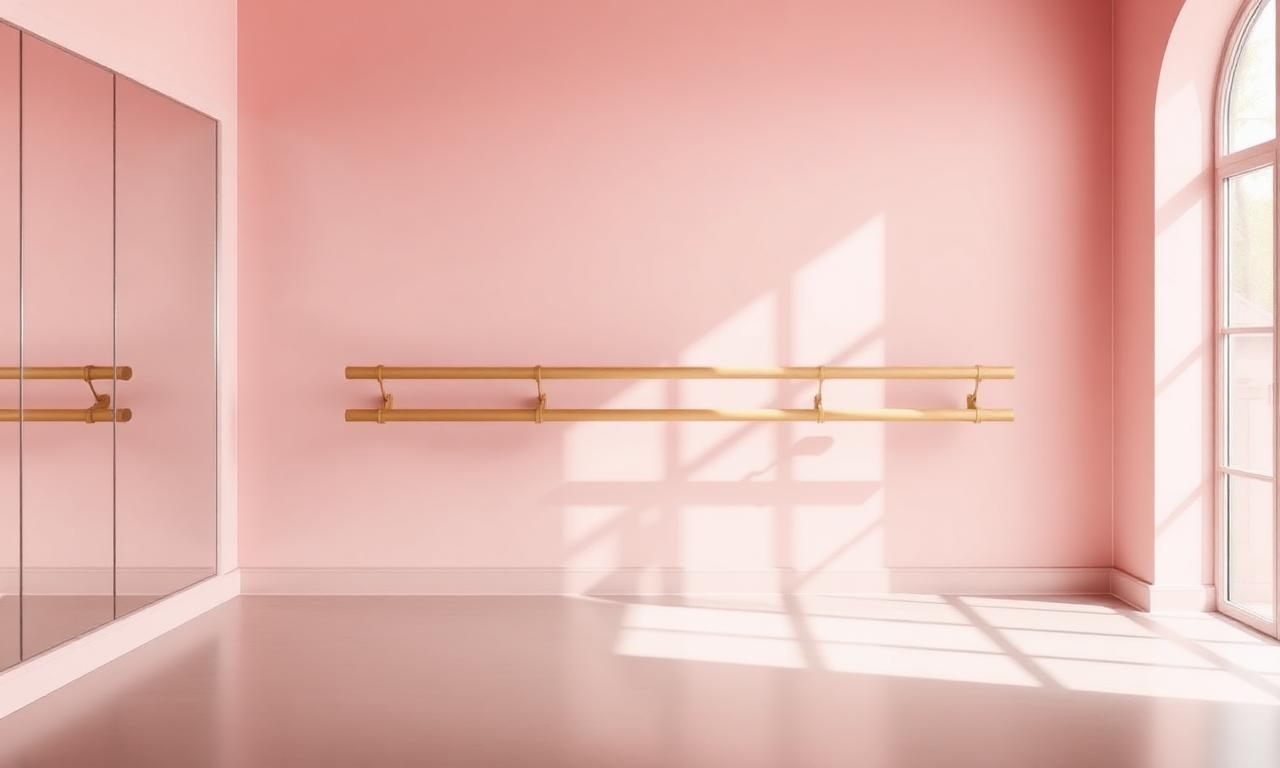 Pink ballet barre studio with mirrored walls and natural light