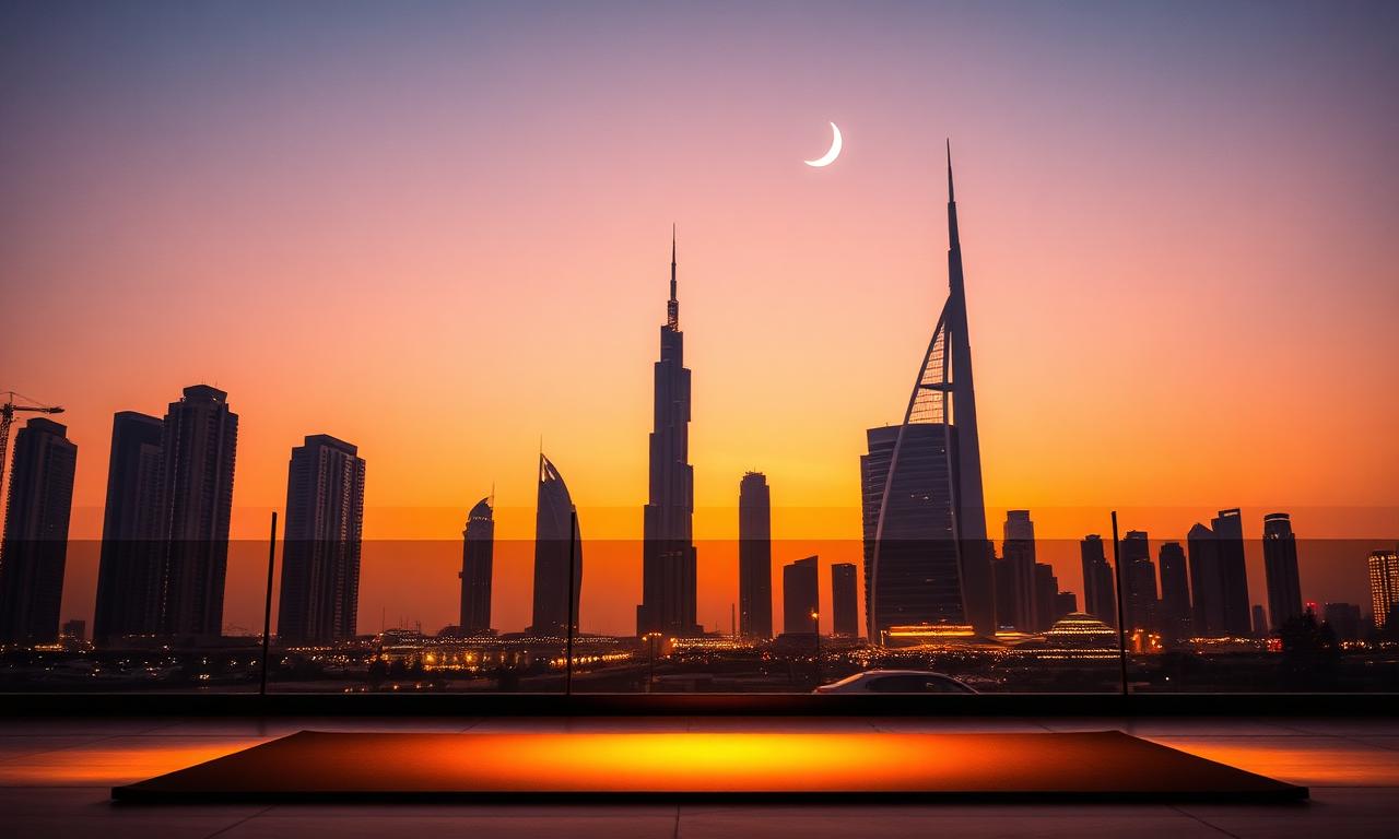 Dubai skyline at dusk with a crescent moon over the city