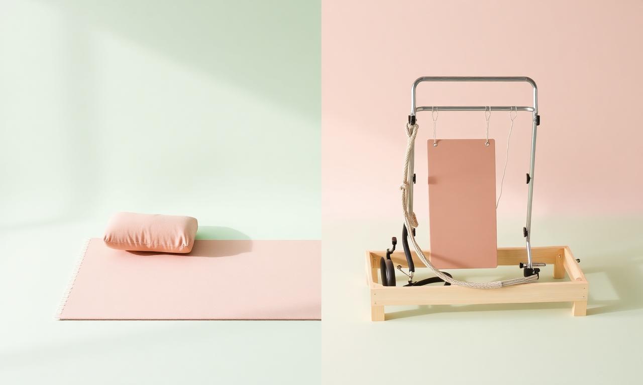 Yoga mat and a pilates reformer side by side on a pastel background