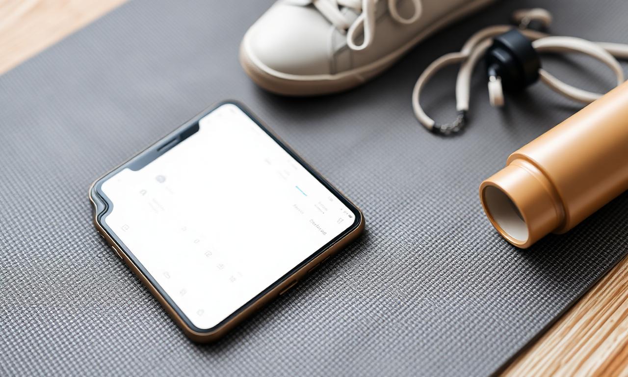 Smartphone on a yoga mat next to sneakers and a water bottle