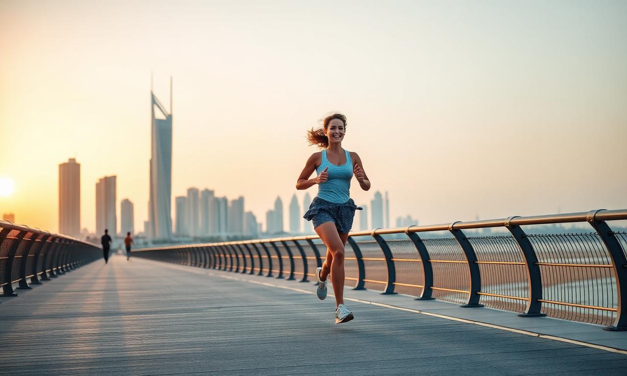 Woman jogging on a Dubai beach boardwalk at sunrise